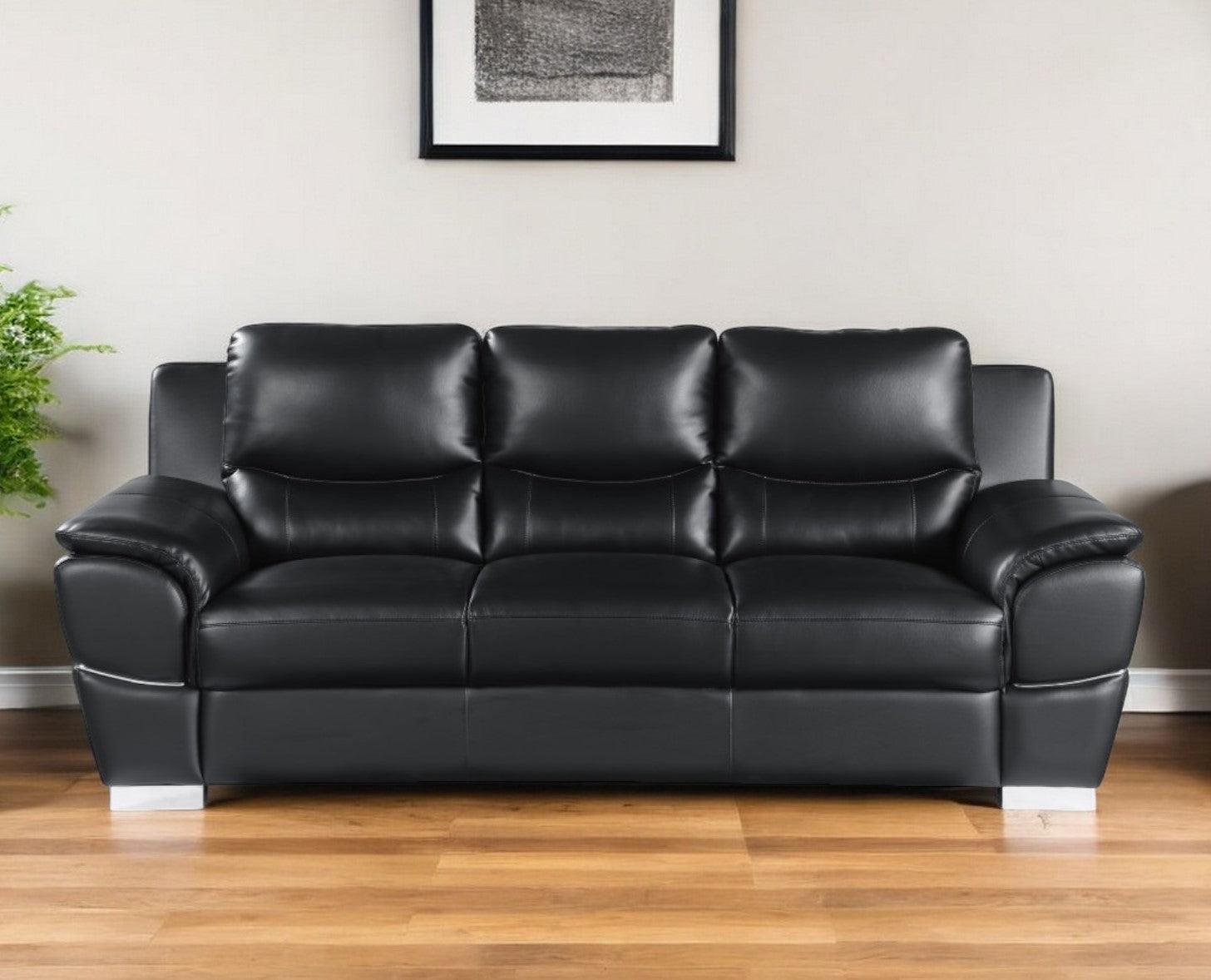 85" Black Leather Sofa With Silver Legs-0