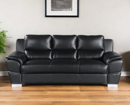 85" Black Leather Sofa With Silver Legs-0