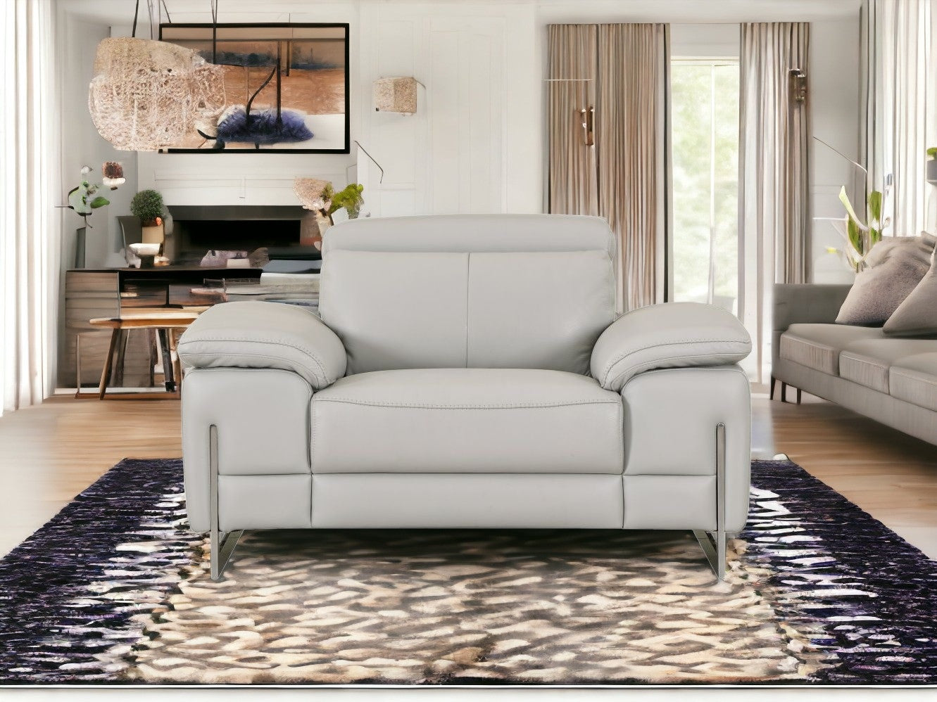 51" Gray And Silver Genuine Leather Chair and a Half-1