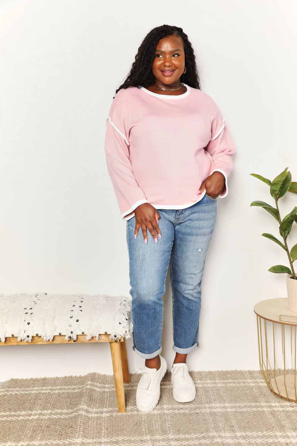 Double Take Contrast Detail Dropped Shoulder Knit Top-3