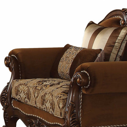 37" Brown Velvet Floral Club Chair And Toss Pillows-2