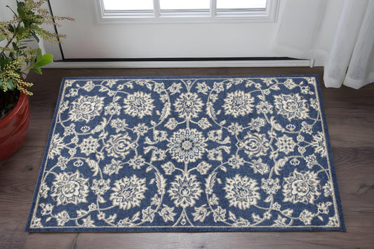 3' X 5' Blue And Ivory Floral Medallion Area Rug-0