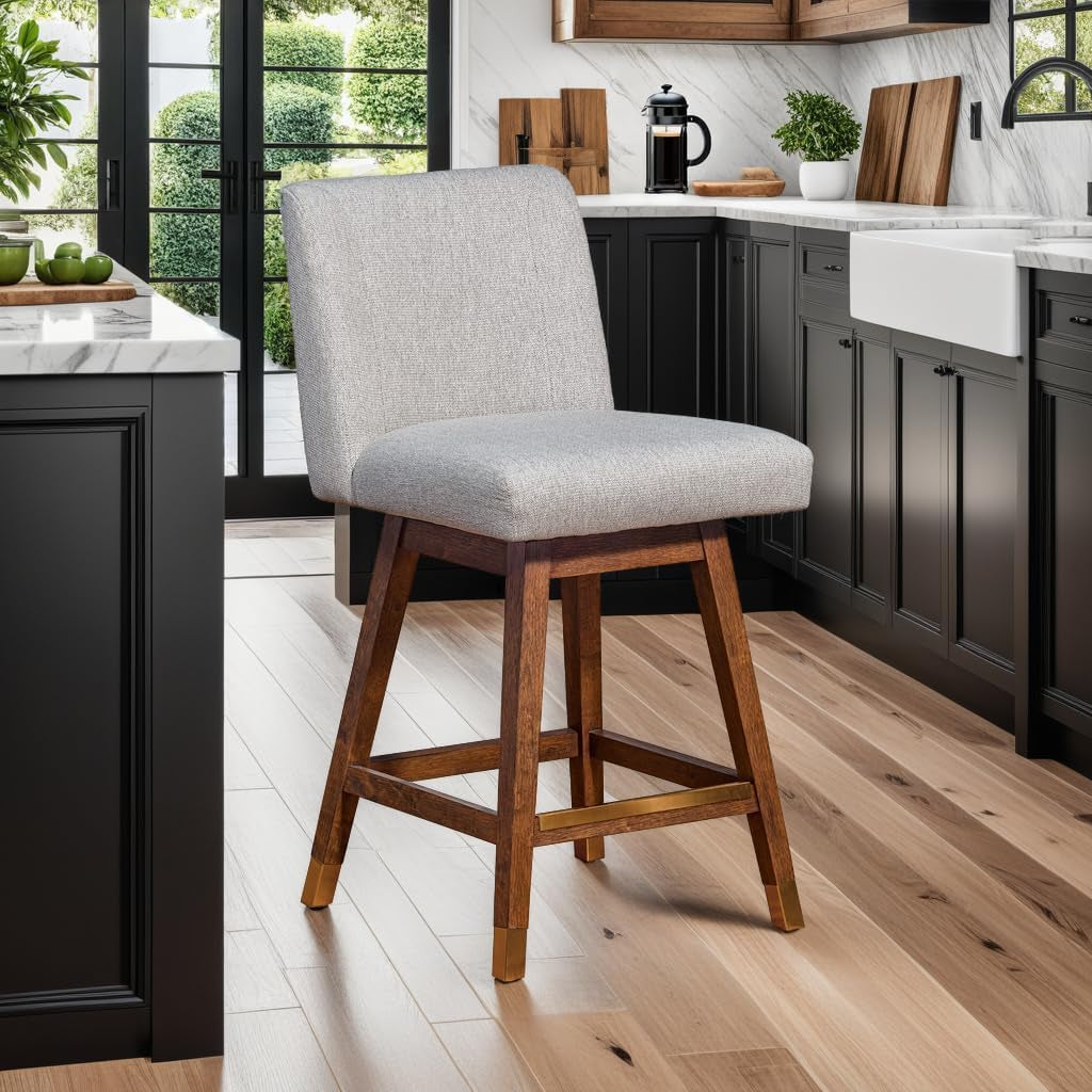 Basila Modern Farmhouse 26" Seat Height Swivel Bar Stool for Kitchen Island Counter in Brown Oak Wood with Taupe Fabric-1