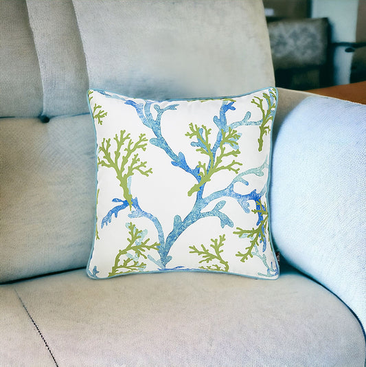 18" Blue Green And White Coral Throw Pillow Cover-0