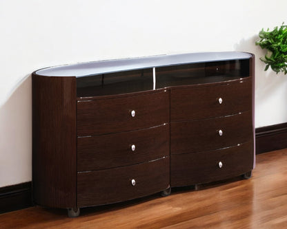 63" Brown Wood Six Drawer Dresser-0