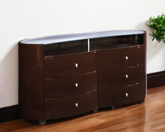63" Brown Wood Six Drawer Dresser-0