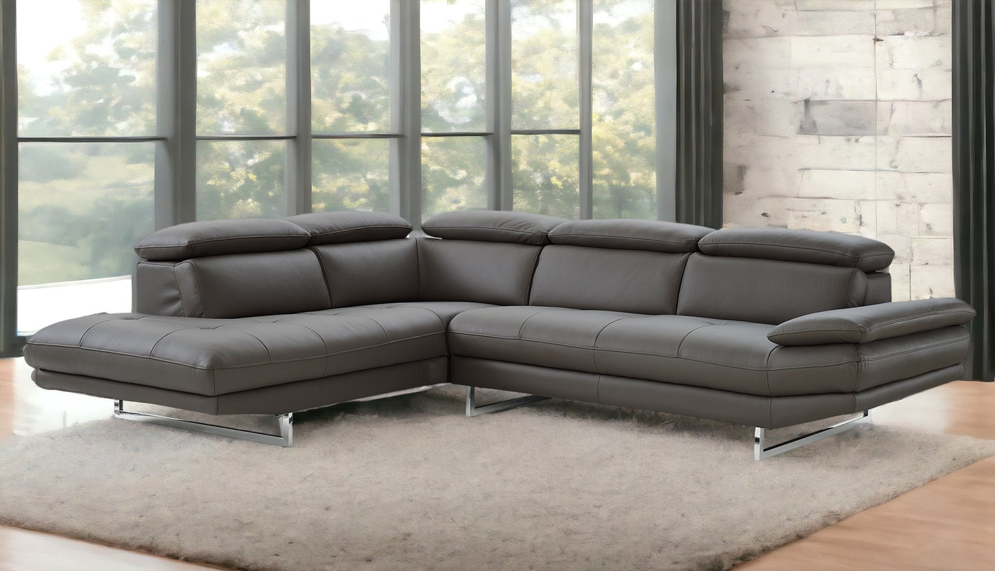 Dark Gray Genuine Leather L Shaped Two Piece Sofa and Chaise Sectional-6
