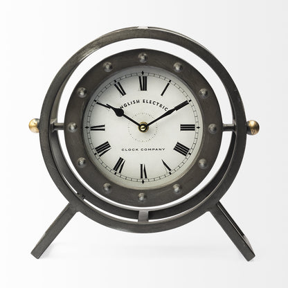 Gray Metal Circular Desk  Table Clock With Rivet Detail Frame-0
