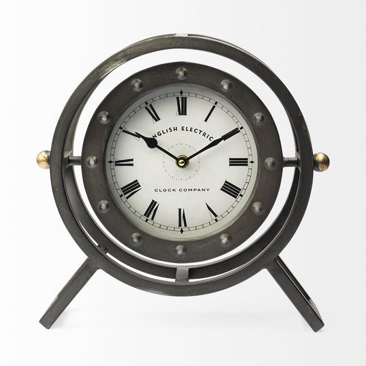 Gray Metal Circular Desk  Table Clock With Rivet Detail Frame-0