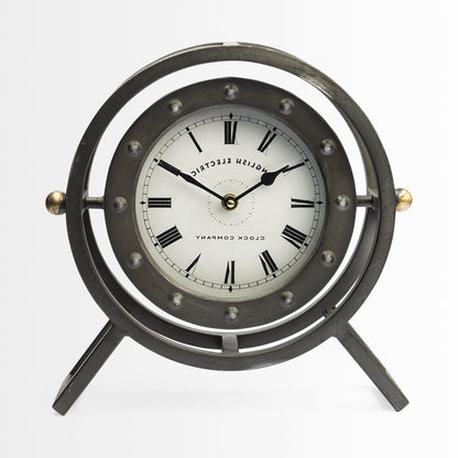 Gray Metal Circular Desk  Table Clock With Rivet Detail Frame-2