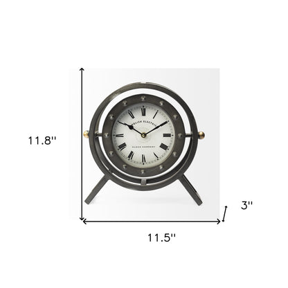 Gray Metal Circular Desk  Table Clock With Rivet Detail Frame-3