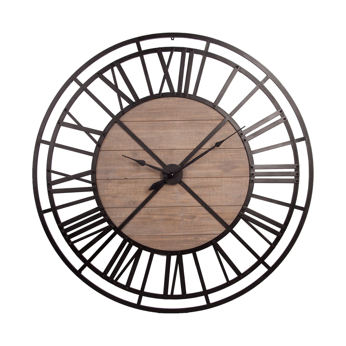 59" Black And Brown Metal and Solid Wood Skeleton Circle Wall Clock-1
