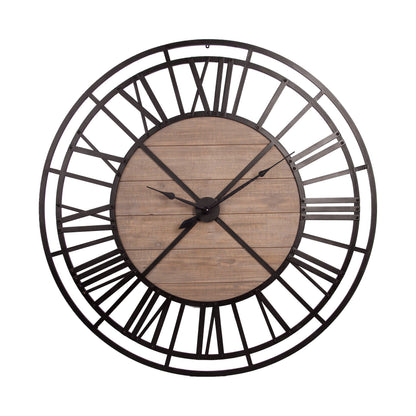 59" Black And Brown Metal and Solid Wood Skeleton Circle Wall Clock-1