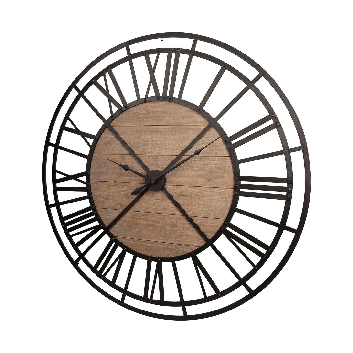 59" Black And Brown Metal and Solid Wood Skeleton Circle Wall Clock-2
