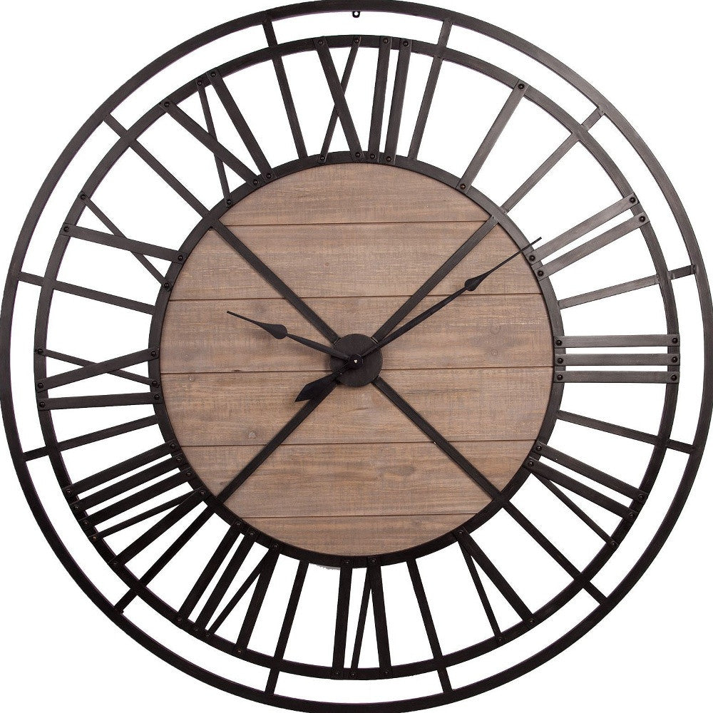 59" Black And Brown Metal and Solid Wood Skeleton Circle Wall Clock-4