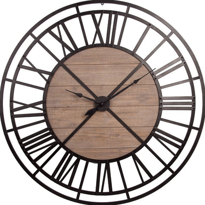 59" Black And Brown Metal and Solid Wood Skeleton Circle Wall Clock-4