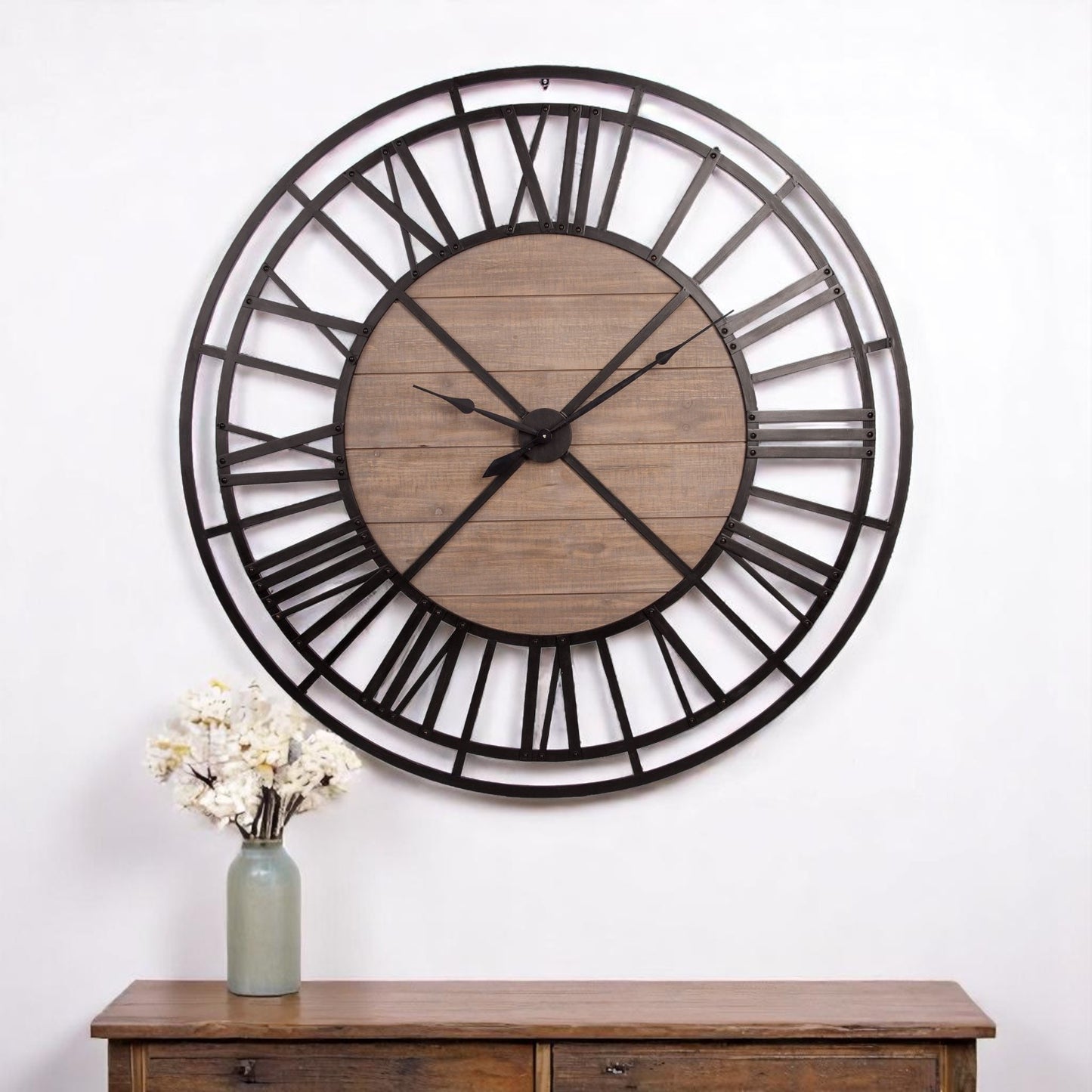59" Black And Brown Metal and Solid Wood Skeleton Circle Wall Clock-0