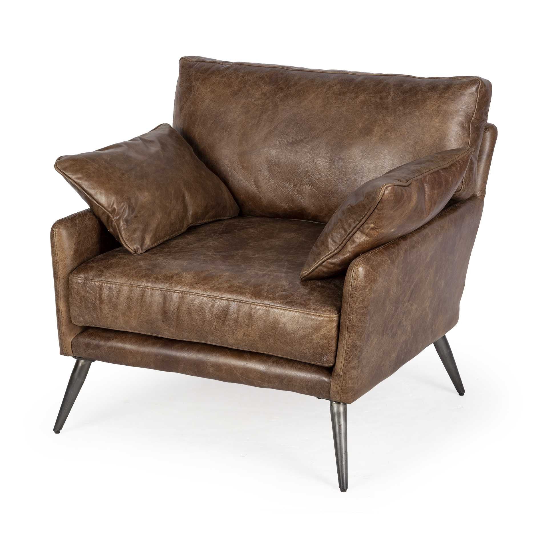 33" Brown Genuine Leather and Solid Wood Distressed Arm Chair-2