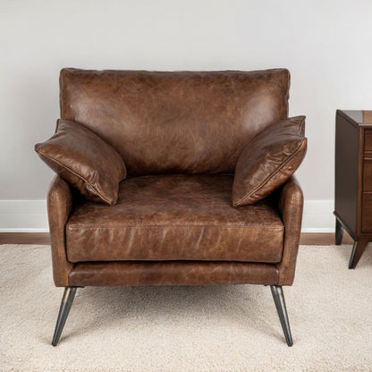 33" Brown Genuine Leather and Solid Wood Distressed Arm Chair-1