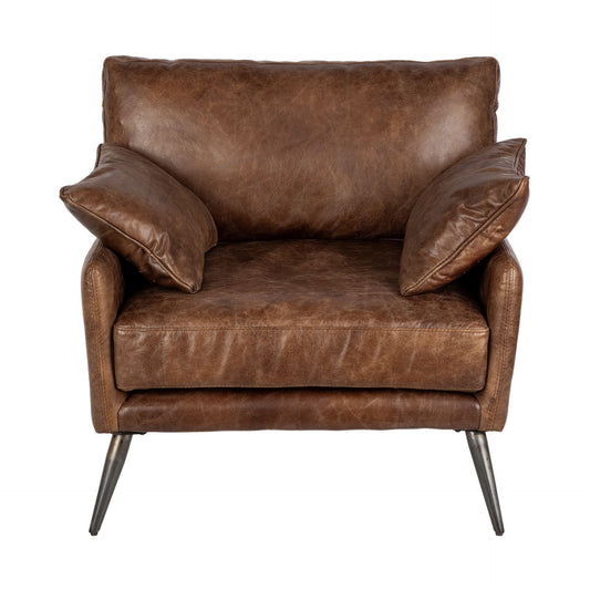33" Brown Genuine Leather and Solid Wood Distressed Arm Chair-0