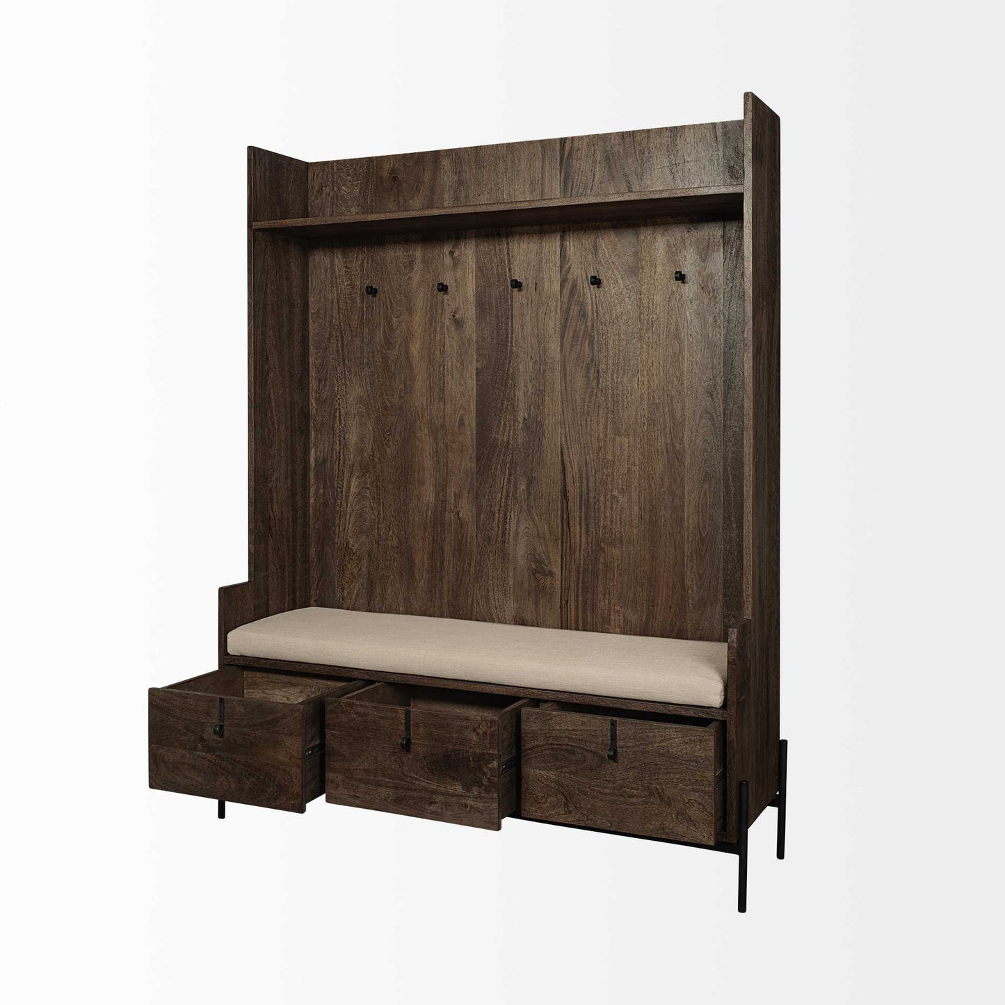 Brown Wood Cream Fabric Wrapped Seat Hall Tree With Storage-4