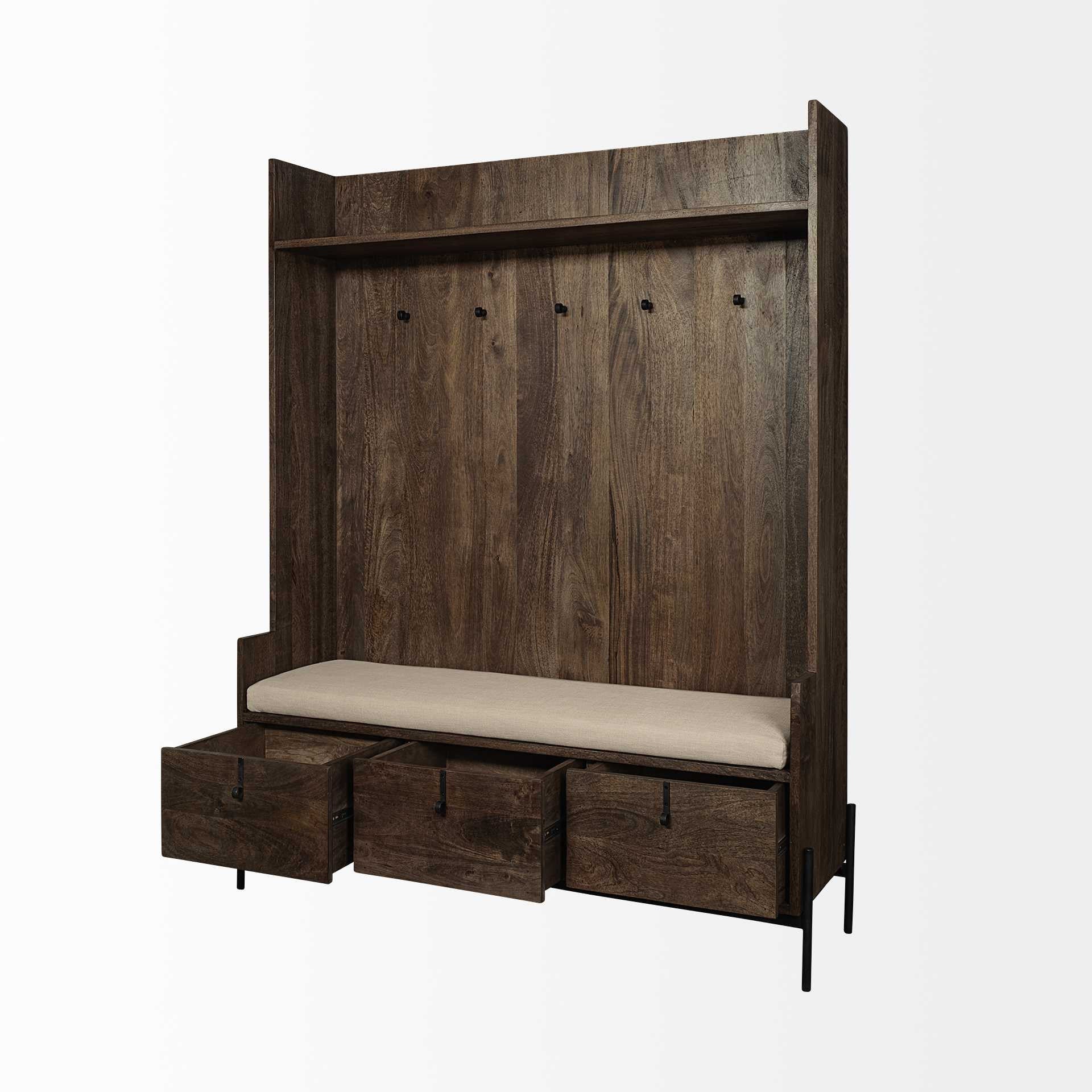 Brown Wood Cream Fabric Wrapped Seat Hall Tree With Storage-4