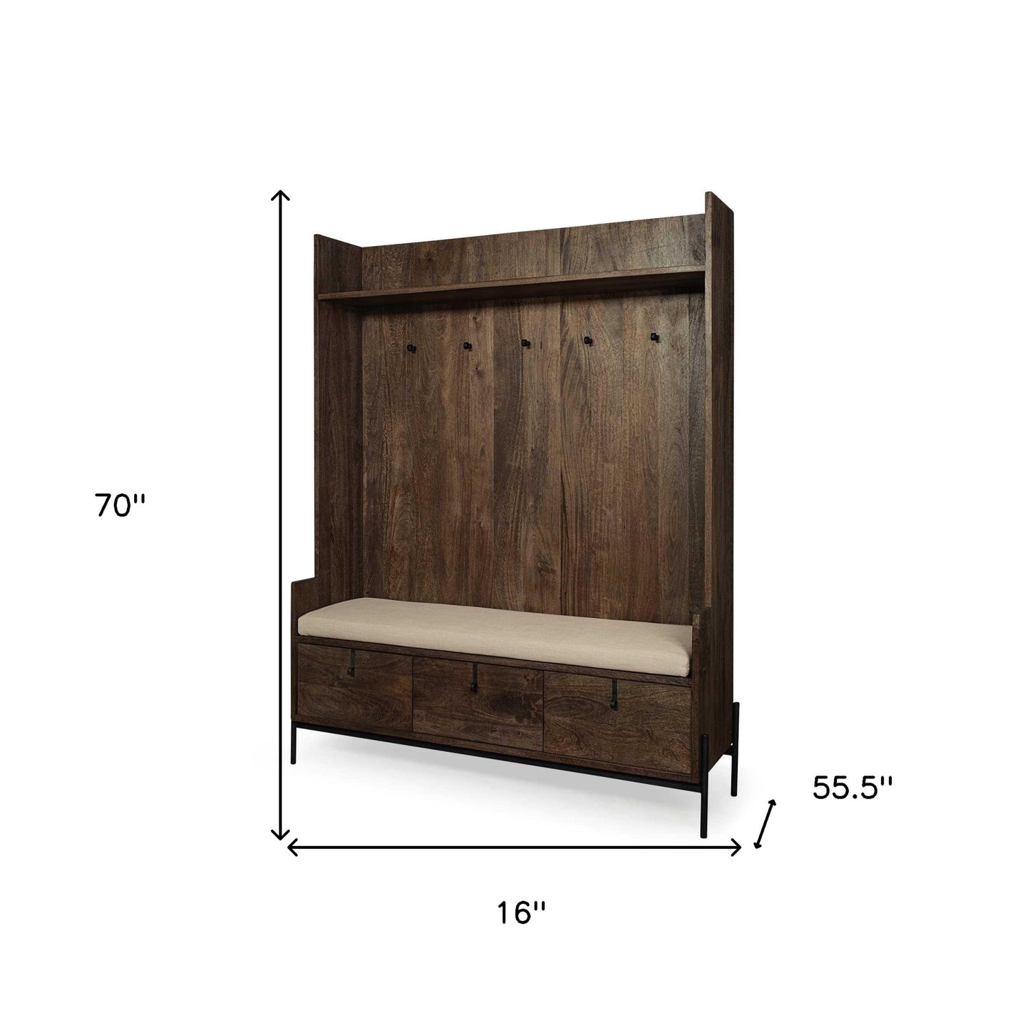 Brown Wood Cream Fabric Wrapped Seat Hall Tree With Storage-8