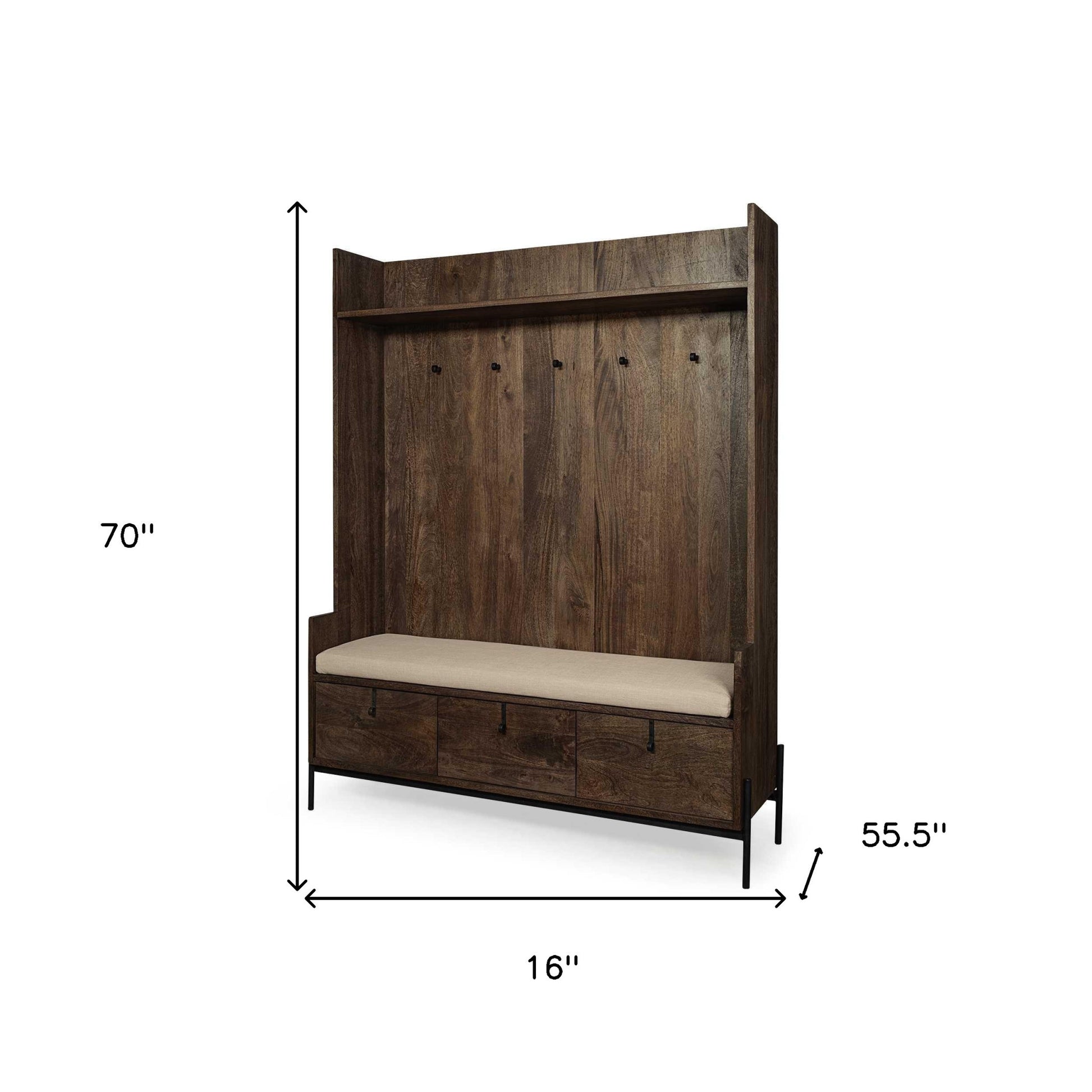 Brown Wood Cream Fabric Wrapped Seat Hall Tree With Storage-8