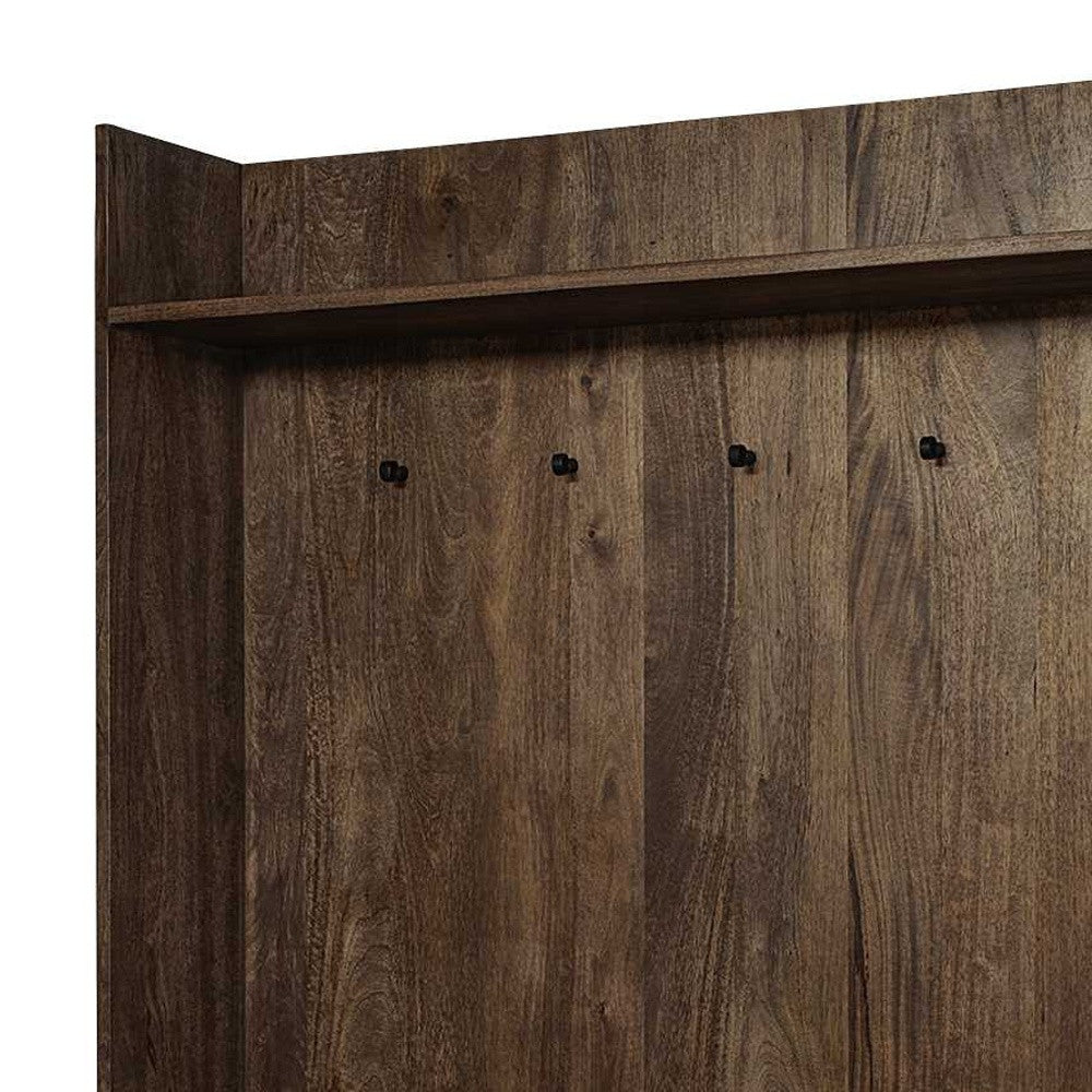 Brown Wood Cream Fabric Wrapped Seat Hall Tree With Storage-5