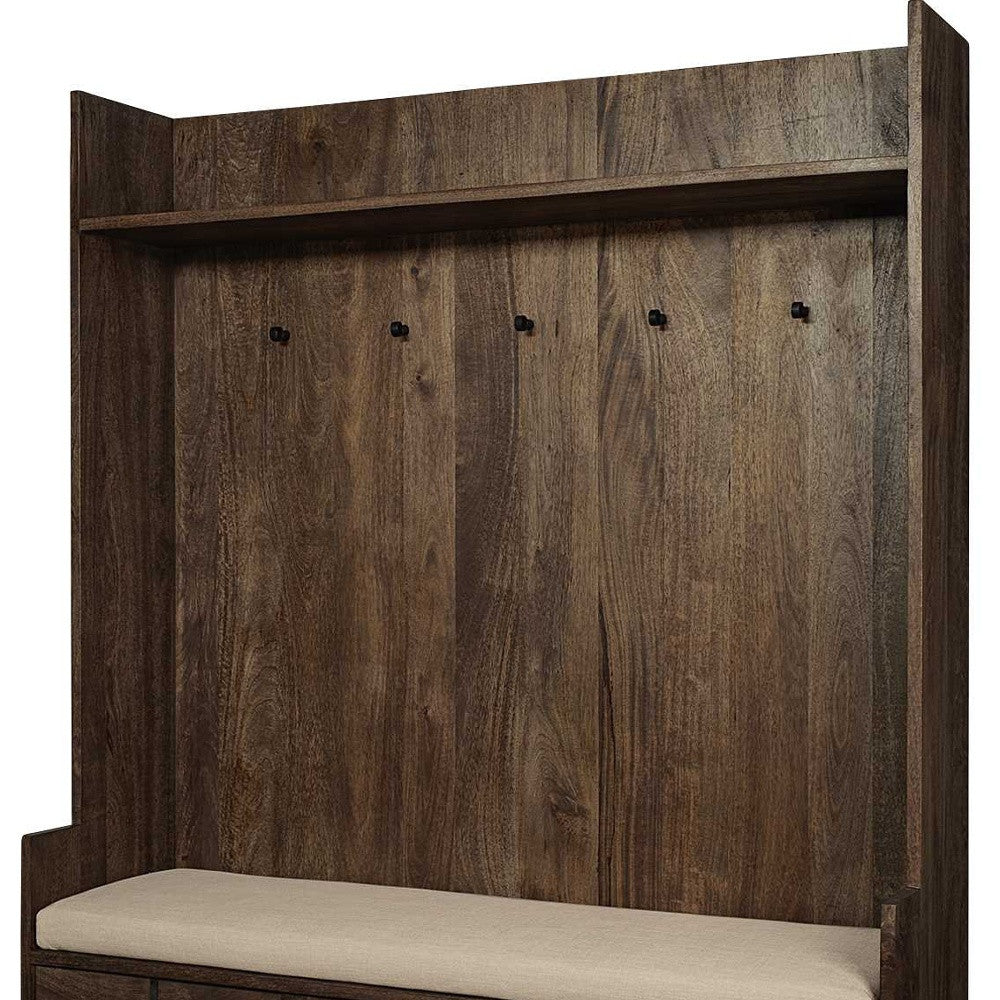 Brown Wood Cream Fabric Wrapped Seat Hall Tree With Storage-6