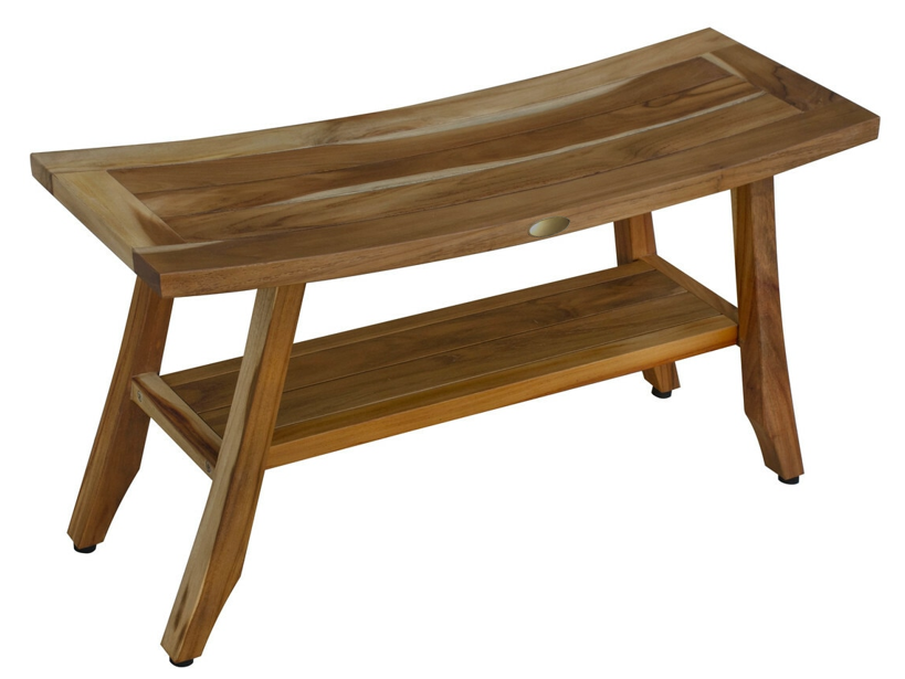 Compact Curvilinear Teak Shower Outdoor Bench With Shelf In Natural Finish-0