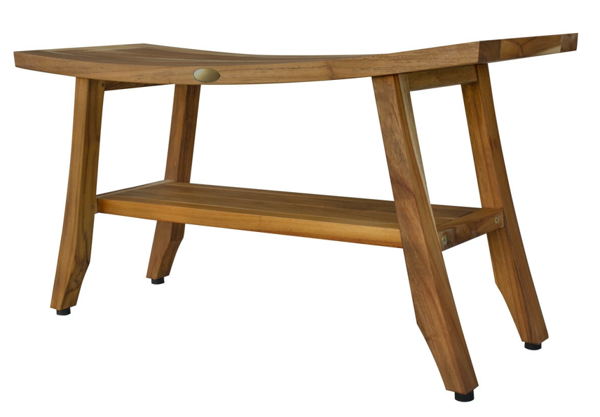 Compact Curvilinear Teak Shower Outdoor Bench With Shelf In Natural Finish-1