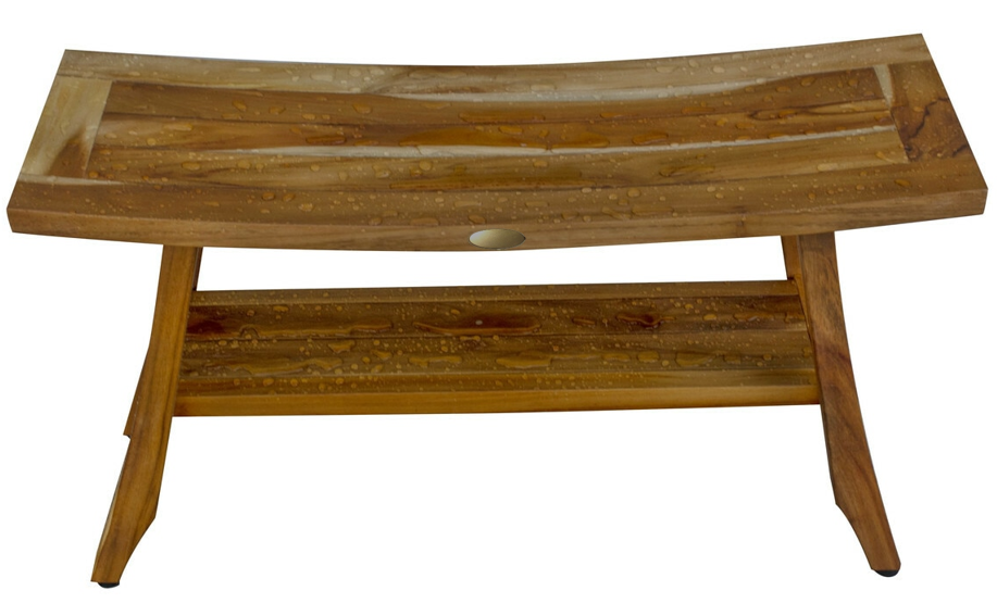 Compact Curvilinear Teak Shower Outdoor Bench With Shelf In Natural Finish-2