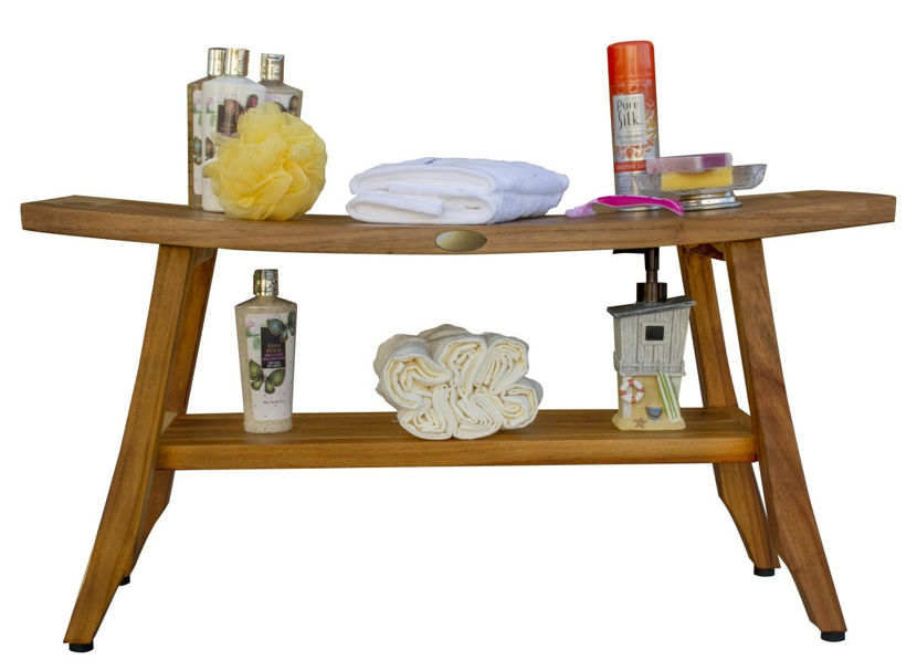 Compact Curvilinear Teak Shower Outdoor Bench With Shelf In Natural Finish-3