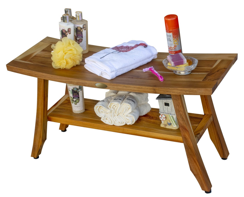 Compact Curvilinear Teak Shower Outdoor Bench With Shelf In Natural Finish-4