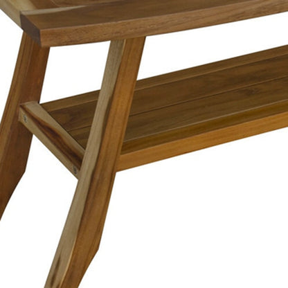 Compact Curvilinear Teak Shower Outdoor Bench With Shelf In Natural Finish-5