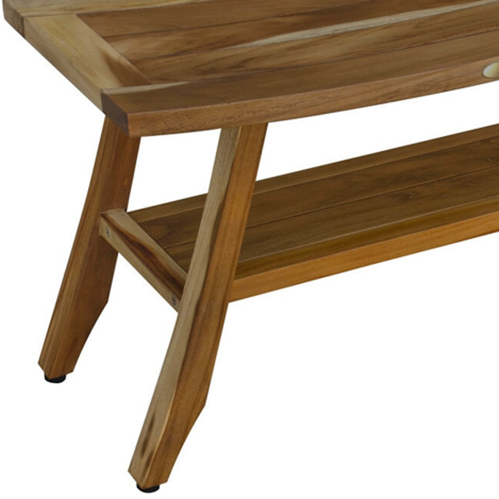 Compact Curvilinear Teak Shower Outdoor Bench With Shelf In Natural Finish-6