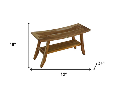 Compact Curvilinear Teak Shower Outdoor Bench With Shelf In Natural Finish-7