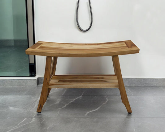 28" Natural Solid Teak Rectangular Shower Bench With Shelf-0