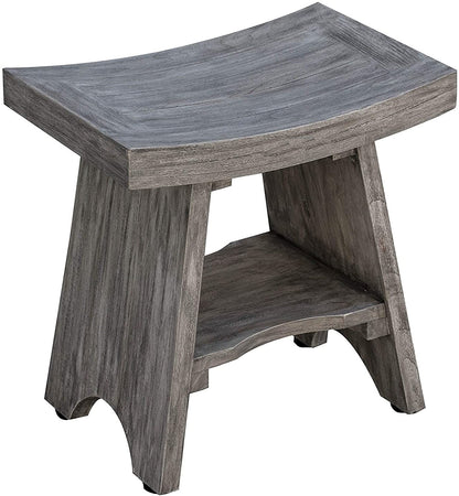 18" Gray Solid Wood Rectangular Shower Bench With Shelf-3