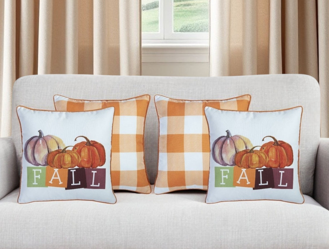 Set of Four 18" Orange And White Fabric Throw Pillow Covers-0