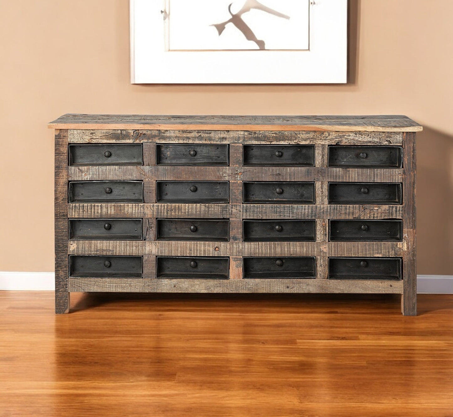 63" Brown and Black Solid Wood 16 Drawer Sideboard-1