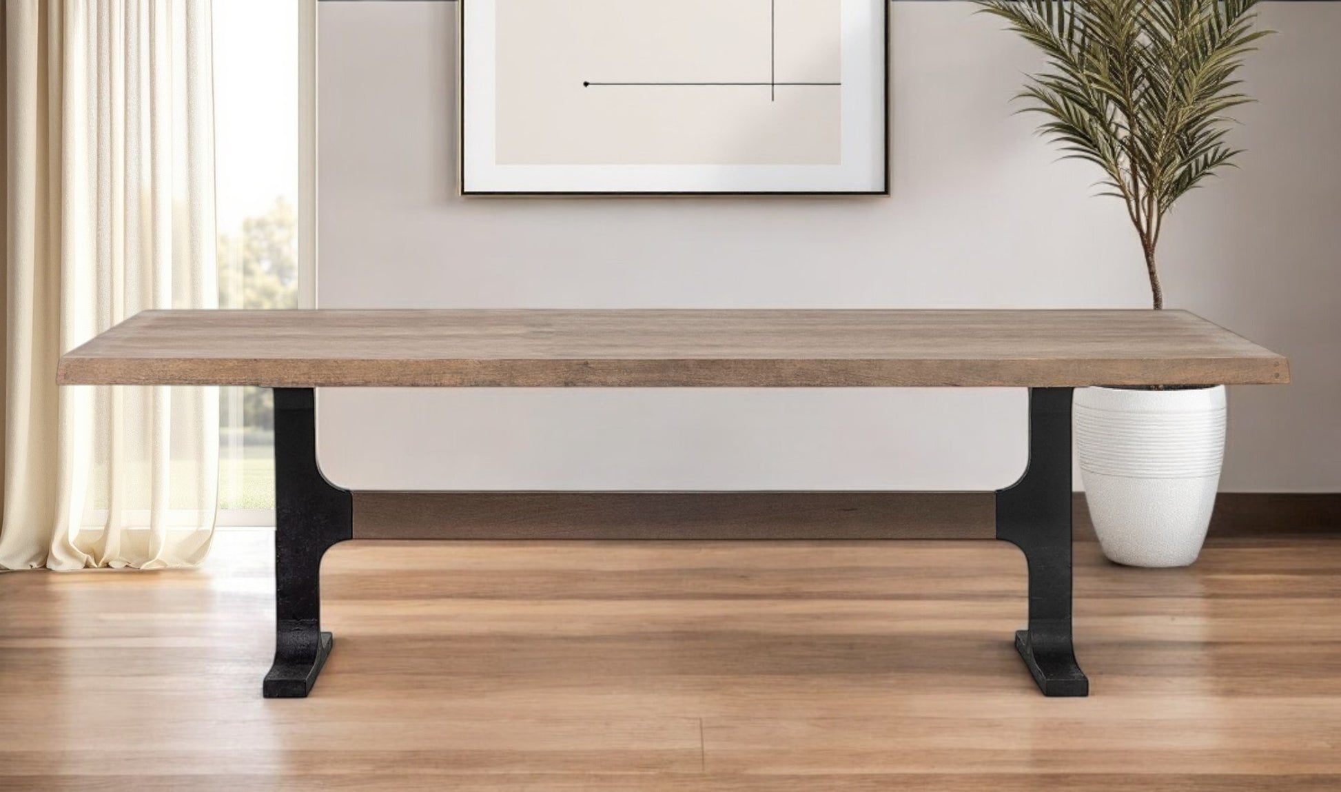 96" Natural And Black Solid Wood And Metal Trestle Base Dining Table-1