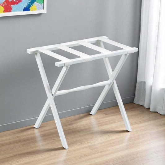 Hotel White Finish Wood Folding Luggage Rack With White Straps-0
