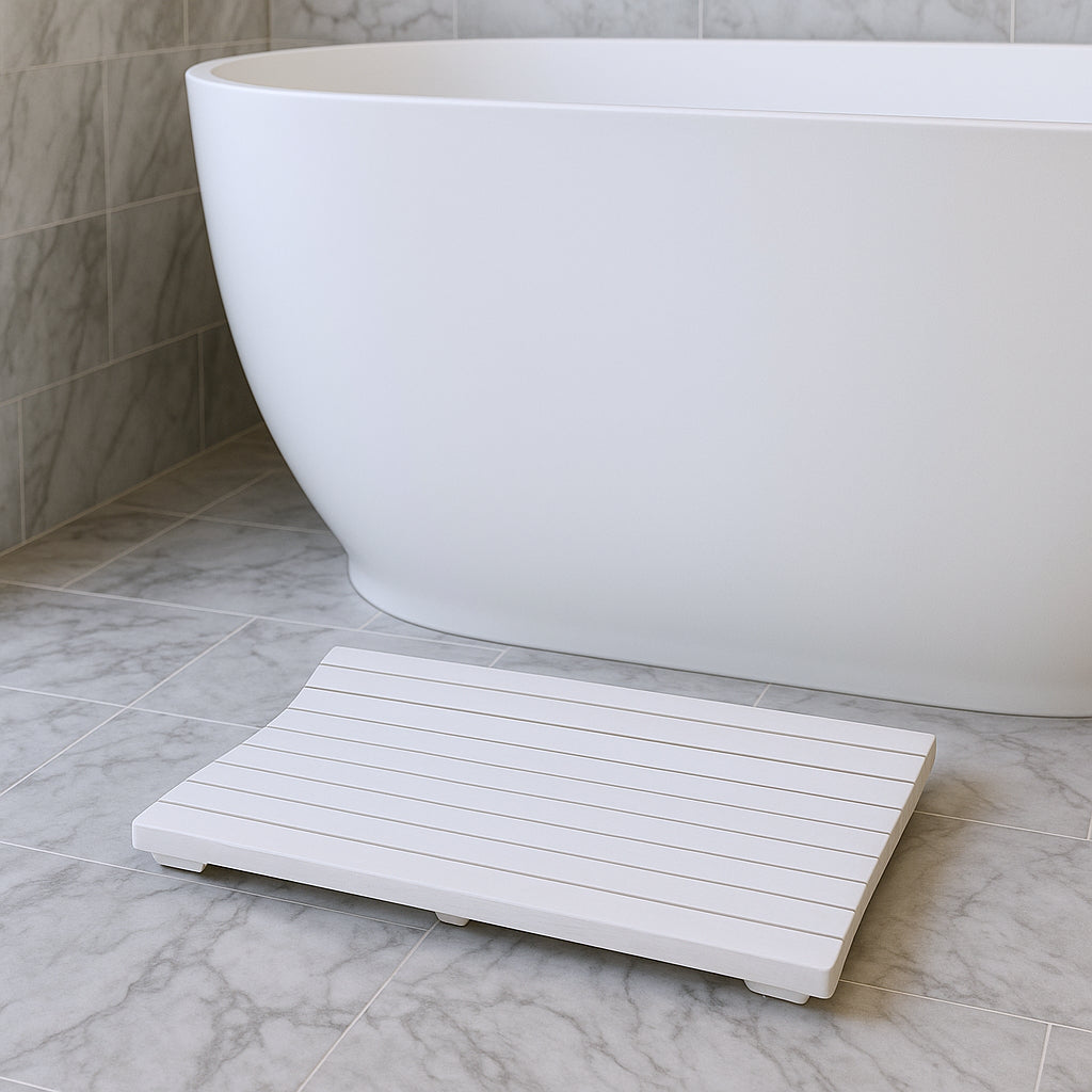 23" White Teak Slat Non Slip Bath Mat-0