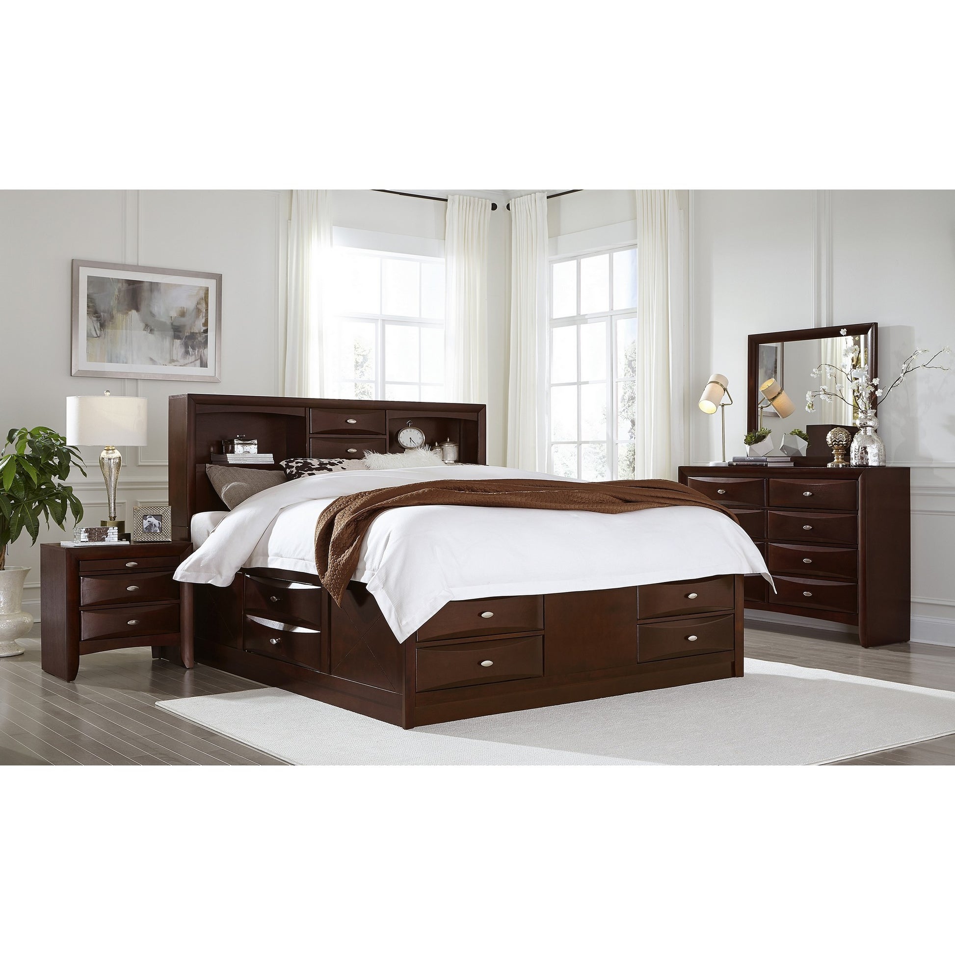 Merlot Solid Wood Queen Bed Frame With Eight Drawers-5