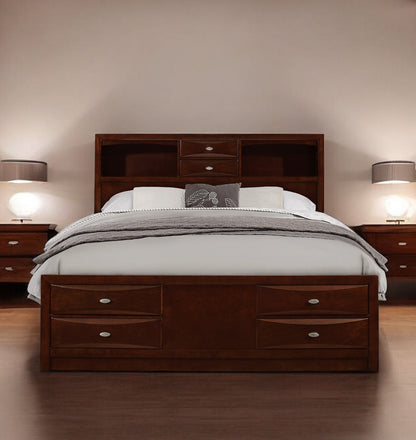 Merlot Solid Wood Queen Bed Frame With Eight Drawers-1