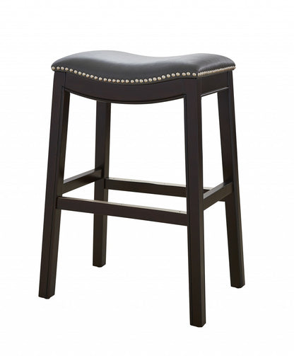 26" Gray and Espresso Faux Leather and Solid Wood Backless Counter Height Bar Chair-2