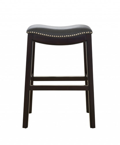 26" Gray and Espresso Faux Leather and Solid Wood Backless Counter Height Bar Chair-1