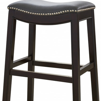 26" Gray and Espresso Faux Leather and Solid Wood Backless Counter Height Bar Chair-5